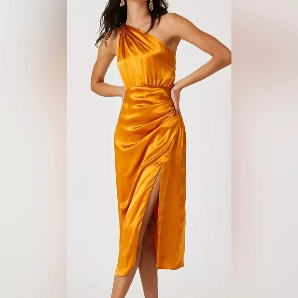 Anthropologie One-Shoulder Satin Midi Dress in Golden Yellow
